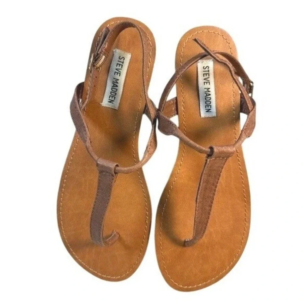 Steve Madden P-Debbi T-Strap Sandal Cognac Brown Women's Leather Flat 8